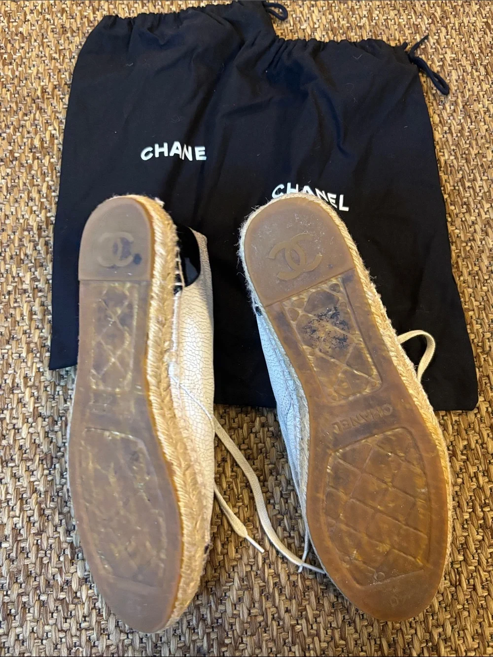 Chanel Two-Tone Espadrille Lace-Up Shoes - Cream with Black Cap Toe
